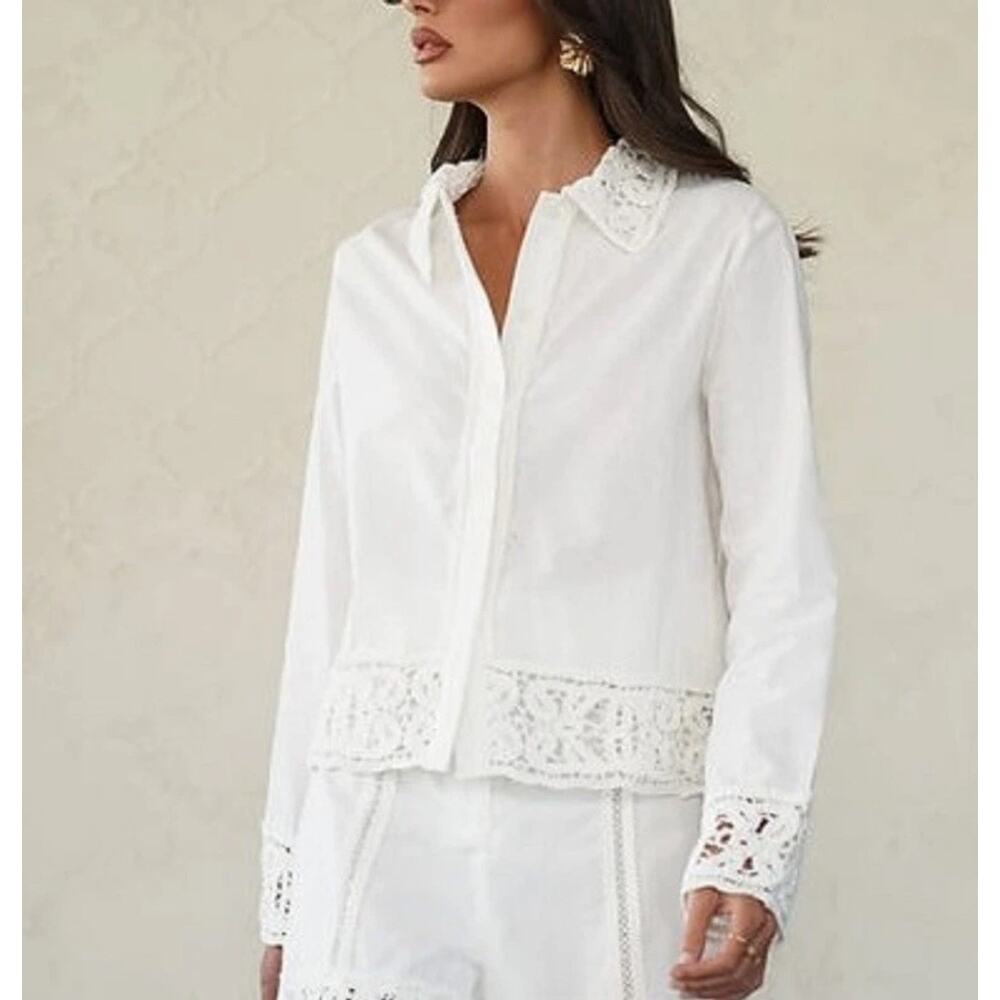 Zara Peter pan Collar Crochet Lace floral cutwork Button Down Shirt XL Cottage